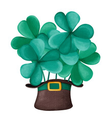 Digital illustration of clover and shamrock in Irish hat. Stylized decorative symbol of St.Patrick's Day and luck. Hand-drawn clipart in a watercolor style. Green four and three leaf clover in a hat.