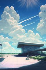 Journey at Wild Nature. Clear Sunny day, Sky with Movie Atmosphere and Wonderful Cloud, Beautiful Colorful Landscape, Anime Comic Style Art. For Poster, Novel, UI, WEB, Game, Design