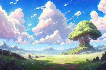 Journey at Wild Nature. Clear Sunny day, Sky with Movie Atmosphere and Wonderful Cloud, Beautiful Colorful Landscape, Anime Comic Style Art. For Poster, Novel, UI, WEB, Game, Design