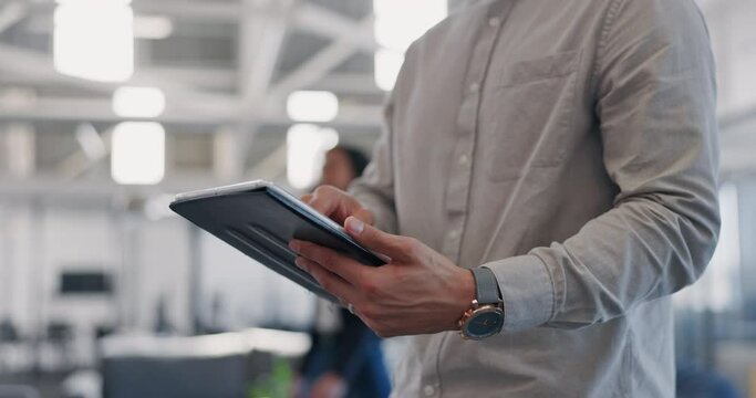 Businessman, hands and working on tablet in busy office, analytics app or iot. Closeup of worker, digital technology and website planning for internet research, data management or productivity online
