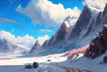 Journey at Wild Nature. Clear Winter Sunny day, Sky with Movie Atmosphere and Wonderful Cloud, Beautiful Colorful Landscape, Anime Comic Style Art. For Poster, Novel, UI, WEB, Game, Design	