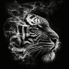 Tiger head made of white smoke on a mysterious and elegant black background, offering a dark and intriguing atmosphere. Generative AI