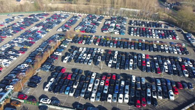 Aerial Footage of Huge Car Parking at Kempston Bedford Town of England UK. The Footage Was Captured on 06-Feb-2023 with Drone's Camera	