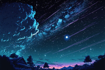 Journey at Wild Nature. Clear Starry night, Sky with Movie Atmosphere and Wonderful Cloud, Beautiful Colorful Landscape, Anime Comic Style Art. For Poster, Novel, UI, WEB, Game, Design