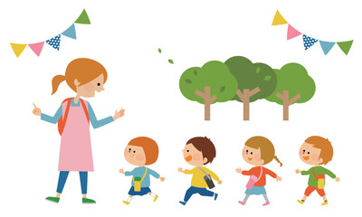 遠足に行く先生と子供たちのイラスト素材