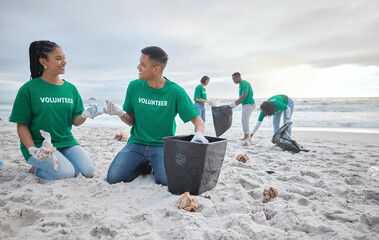 Friends, help and recycling with people on beach for sustainability, environment and eco friendly. Climate change, earth day and nature with volunteer and plastic for cleaning, energy and pollution