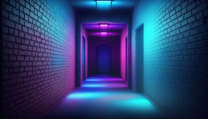 Neon Retro Brick Wall Dark Foggy Empty Hallway created with generative AI