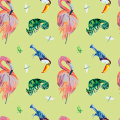 Tropical birds and animals watercolor seamless pattern on green background. © Ekaterina Lanbina