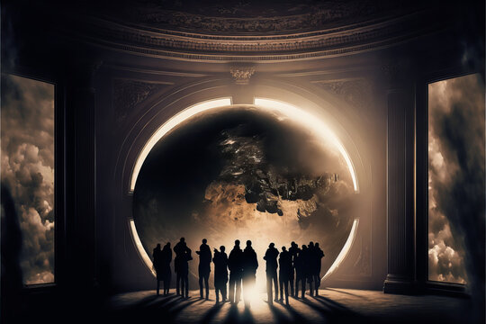 Leader's silhouette dominates a mysterious architectural setting under the radiant sunlight. Control and governance of the world in a powerful and surreal image. Generative AI