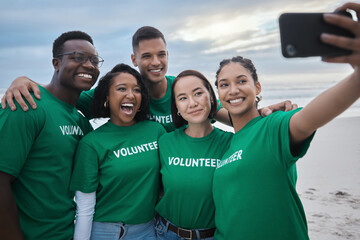 Teamwork, selfie and recycling with people on beach for sustainability, environment and climate change. Phone, earth day and social media with volunteer and phone for technology, energy and pollution