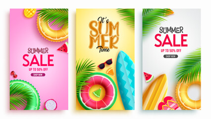 Summer sale poster vector set. Summer sale up to 50% off discount limited offer for banner layout. Vector illustration summer business poster collection.