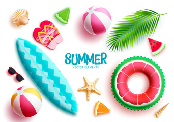 Summer vector element set. Summer beach elements floater, surfboard, beach ball, flipflop and sunglasses isolated. Vector illustration summer collection. - obrazy, fototapety, plakaty