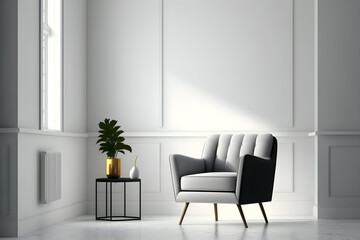 Fototapeta premium Room with armchair on empty white wall background created with Generative AI