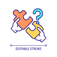 Fototapeta premium Unmatched puzzle pieces RGB color icon. Seeking solution for problems. Communication problems. Wrong answers. Isolated vector illustration. Simple filled line drawing. Editable stroke
