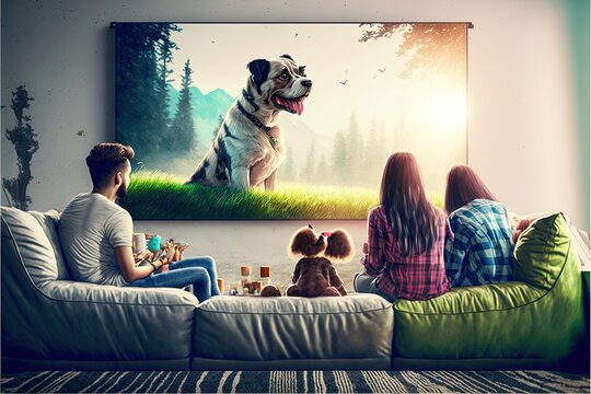 Family watching a film on the TV on Sunday morning in the living room sat on the couch with pets. Concept: Spending time in family. Generative ai