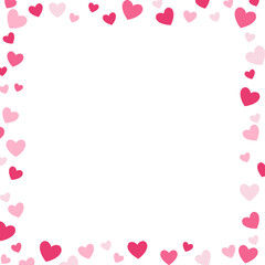 Pink scatter heart border , sqaure frame made of hearts isolated on transparent background, cut out, PNG illustration.