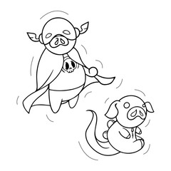 set-drawing of cute pigs are cosplaying in various conditions and styles. super heroes and dinosaurs cosplay