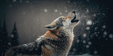 A wolf howling in winter. Generative AI image - obrazy, fototapety, plakaty