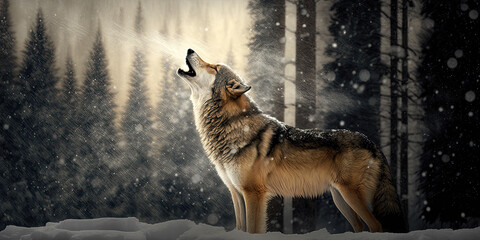 A wolf howling in winter. Generative AI image