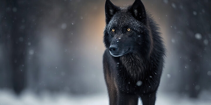 A black wolf looking for prey in winter. Generative AI image