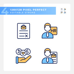 Job position benefits pixel perfect RGB color icons set. Human resource manager. Applicant resume. Sign contract. Isolated vector illustrations. Simple filled line drawings collection. Editable stroke
