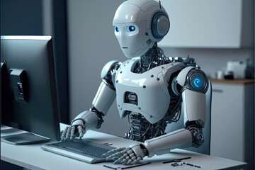 Robot working in the office with the computer. chatgpt, programmers, data center .AI generative