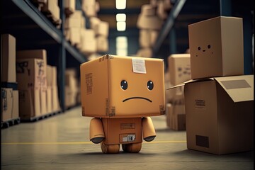 Sad delivery box cartoon character in a store. Concept: Problems with the delivery. Generative ai