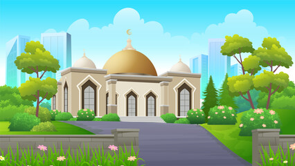 Suburban islamic mosque with green lawn, bush and trees vector illustration