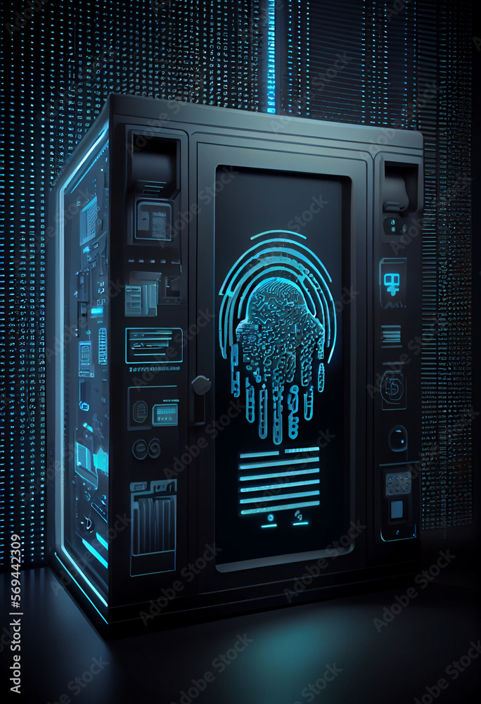 Poster beautiful abstract over the server room is a picture of data processing with a fingerprint icon. con