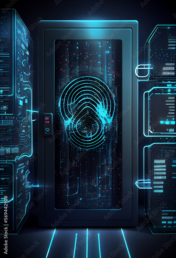 Poster beautiful abstract over the server room is a picture of data processing with a fingerprint icon. con