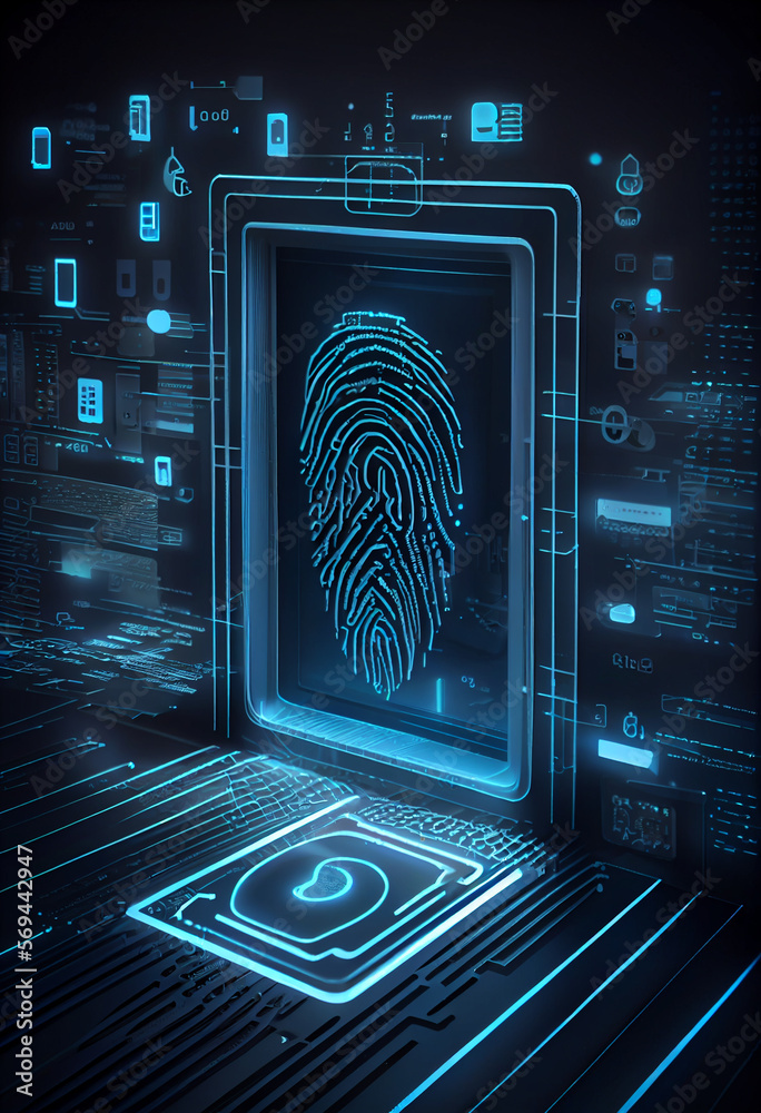 Aufkleber BEAUTIFUL abstract Over the server room is a picture of data processing with a fingerprint icon. Conceptual depiction of global technology and a digital interface