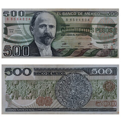 billete de 500 pesos mexicanos Anverso: Retrato de Francisco I. Madero (1873 - 1913) reverso: Piedra del Sol o Calendario Azteca. Al fondo piedra de Tizoc 