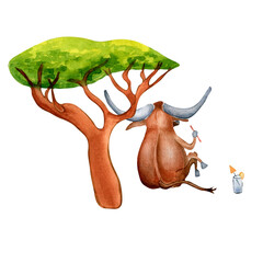 Cartoon buffalo resting watercolor illustration isolated on white. Cute Australian animal bull character hand drawn. Design element for print, wallpaper, textile, childish sticker, fabric, poster.