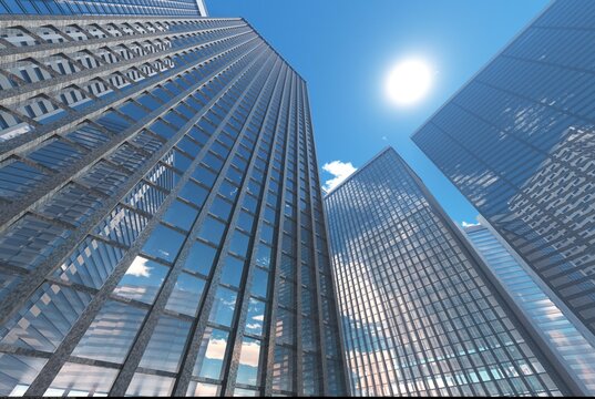 High-rise buildings against the sky, skyscrapers bottom view, 3d rendering
