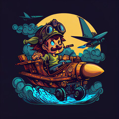 illustration of pirate piloting airplane comic character for graphic element/sticker/t shirt design ideas.Generative AI Technology