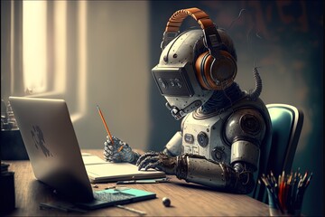 AI learning. A young AI robot making its homework at home with headphones with natural light. Generative ai.