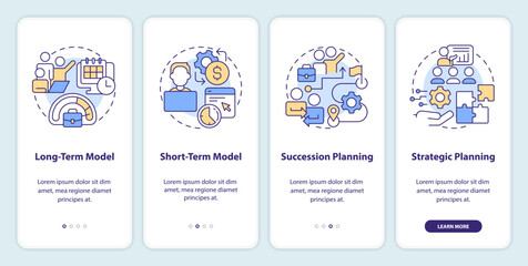IT staffing models onboarding mobile app screen. Hiring walkthrough 4 steps editable graphic instructions with linear concepts. UI, UX, GUI template. Myriad Pro-Bold, Regular fonts used