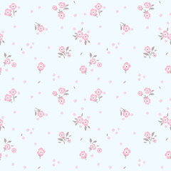 A pattern of small pink flowers on a light turquoise background. Graphic print, floral illustrations, floral vector, vector floral pattern.