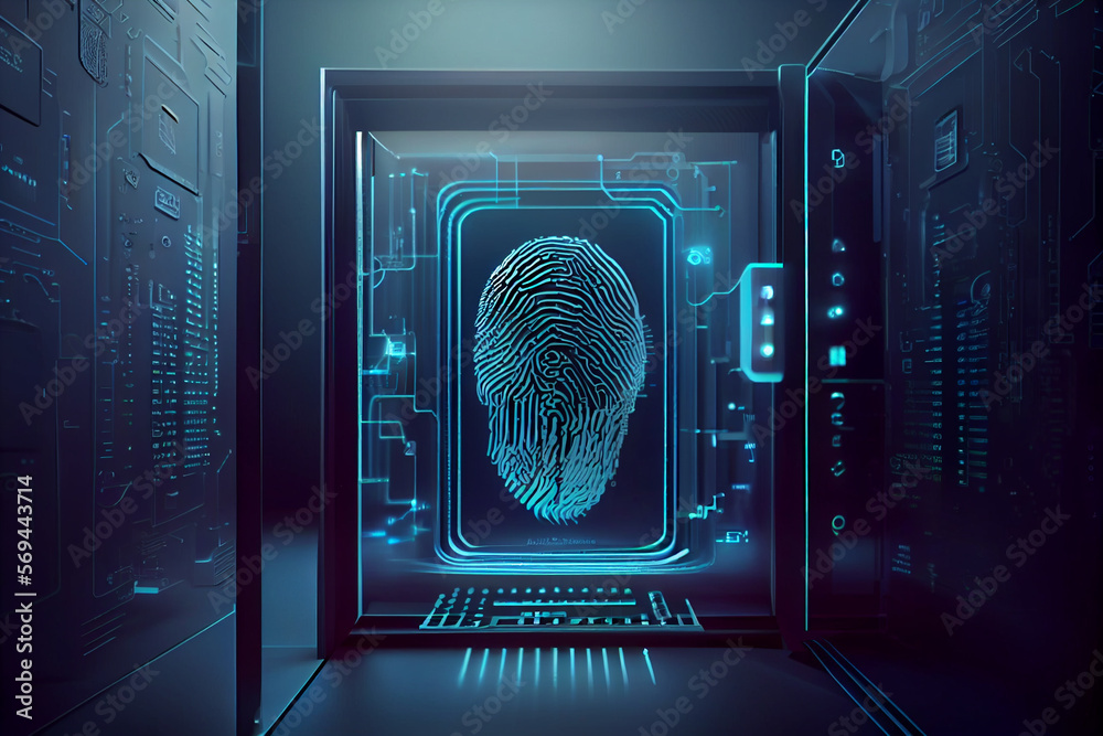 Poster beautiful abstract over the server room is a picture of data processing with a fingerprint icon. con