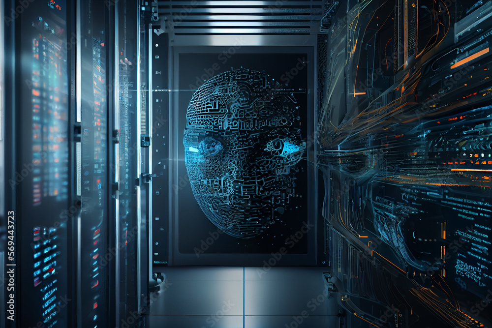 Aufkleber BEAUTIFUL abstract Over the server room is a picture of data processing with a fingerprint icon. Conceptual depiction of global technology and a digital interface