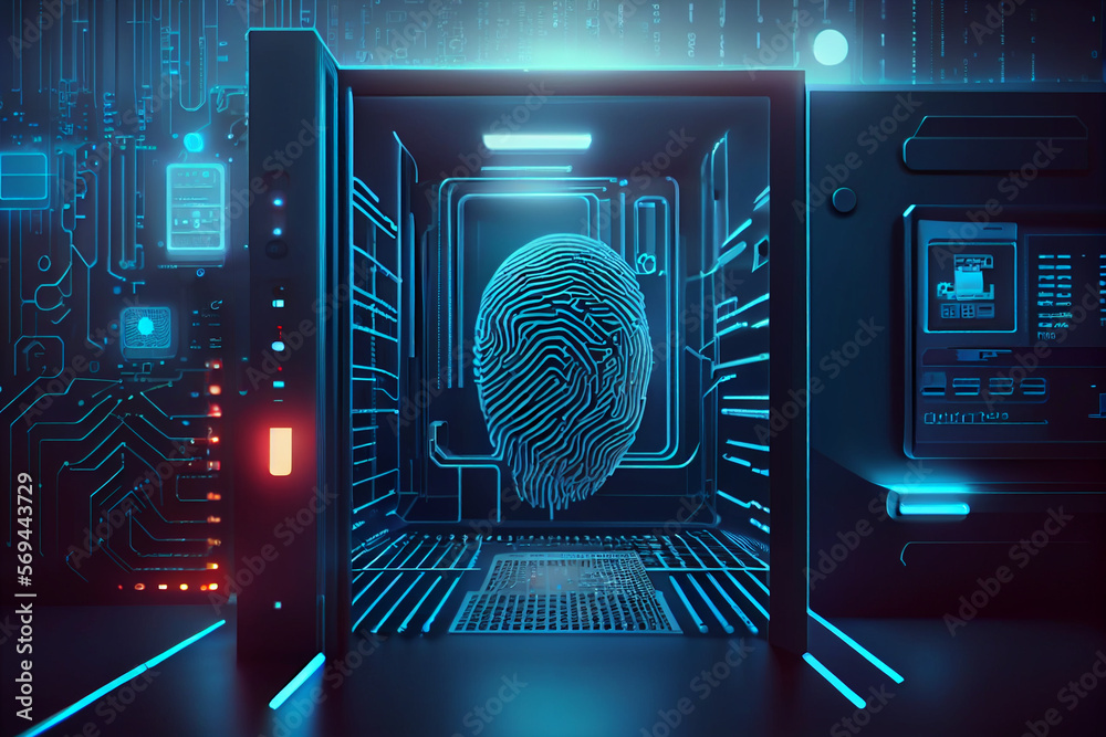 Poster BEAUTIFUL abstract Over the server room is a picture of data processing with a fingerprint icon. Conceptual depiction of global technology and a digital interface