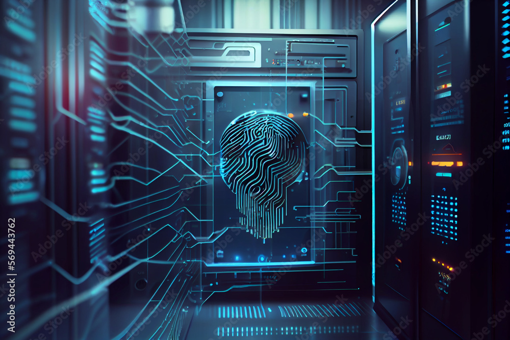 Poster BEAUTIFUL abstract Over the server room is a picture of data processing with a fingerprint icon. Conceptual depiction of global technology and a digital interface
