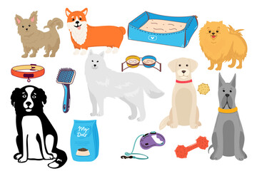 Dogs collection. Vector illustration of funny cartoon different breeds dogs in trendy flat style. Isolated on white.