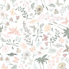 Fashionable delicate vector texture. Floral seamless pattern. Blooming botanical motifs scattered randomly. Fashion, diti print, fabric. Hand drawn different wild meadow flowers on white background