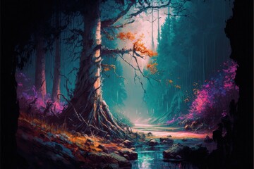 Enchanted Fantasy Forest Background, Concept Art, Digital Illustration, Generative AI