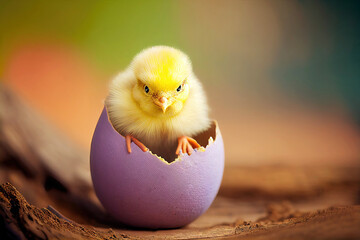 Cute baby chick hatching from colorful easter egg as illustration (Generative AI) - obrazy, fototapety, plakaty