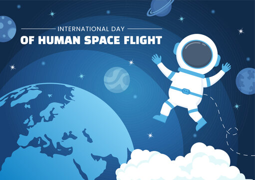 International Human Space Flight Day on April 12 Illustration with Rocket and Kids Astronaut in Flat Cartoon Hand Drawn for Landing Page Templates