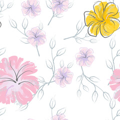 Pink Flowers Blooming Pattern. Pastel Watercolor.