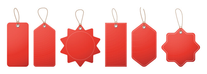 Set of Realistic price tag. Blank shopping labels template. Empty black and red Cardboard label for price, paper sale tags mockup gift. Black red Price tag stickers with ropes vector illustration.
