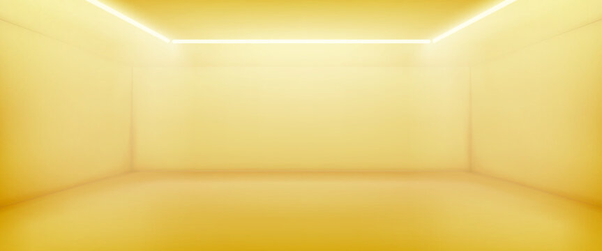 Empty yellow room. 3d studio background in perspective view. Abstract backdrop for photography, modern showroom interior with lamps, red walls and floor, vector realistic illustration